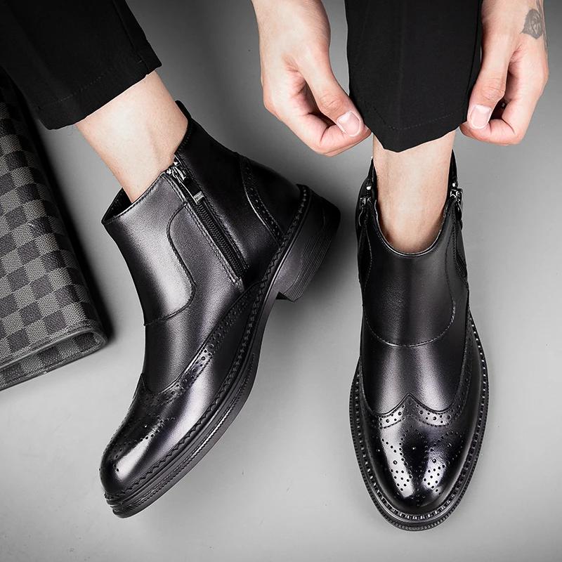 Fashion New British Style Brogue Shoes Genuine Leather Chelsea Boots Male Winter Shoes Plush Warm Shoes Fashion Zipper Men's Basic Boots