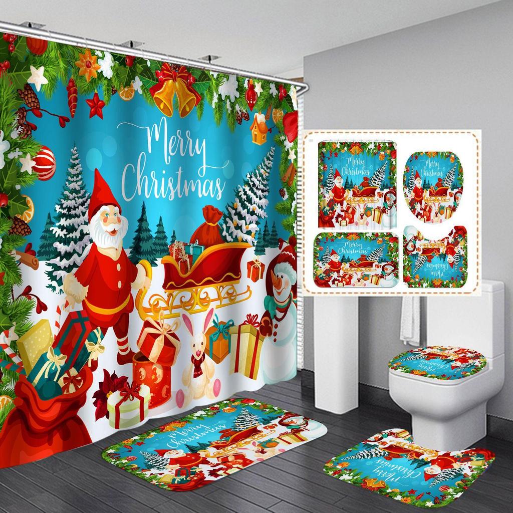4pcs Christmas Snowman Waterproof Bathroom Curtain Non Slip Mat Set Thickened Mildew Resistant Shower Curtains for Holiday Decor