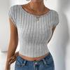 Women Spring Summer Solid Color Elastic Knit O-Neck T-shirt Three Quarter Sleeves Slim Backless Short Top S-XL
