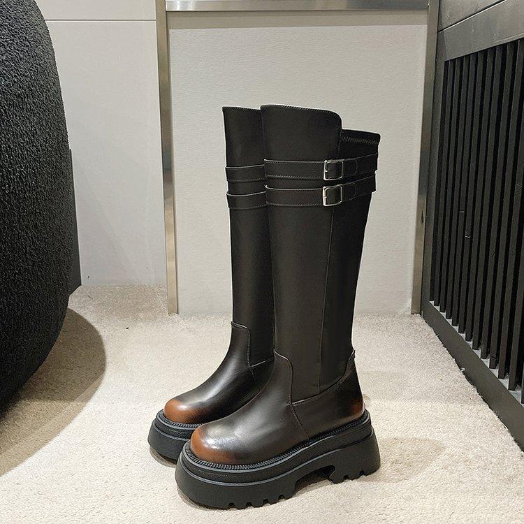 Knee Over Long Boots For Women  New Retro Round Toe Thick Soled High Boots With Thick Heels And Leather Buckle Elastic Boots
