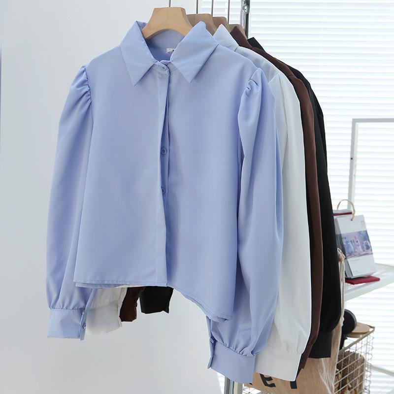 Lapel Loose Puff Sleeve Shirt Women's Button Solid Color Cardigan Casual Fashion Top