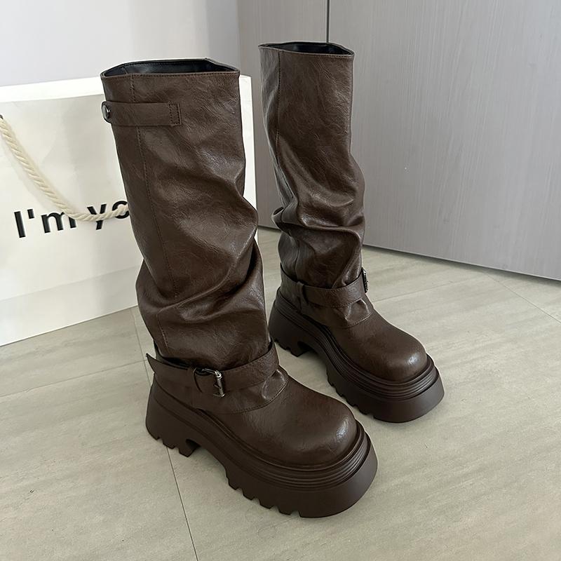 

Autumn Winter Vintage Thick Bottom Woman Knight Boots Fashion Belt Buckle Shoes Female Height Increase Slip On Long Booties 35