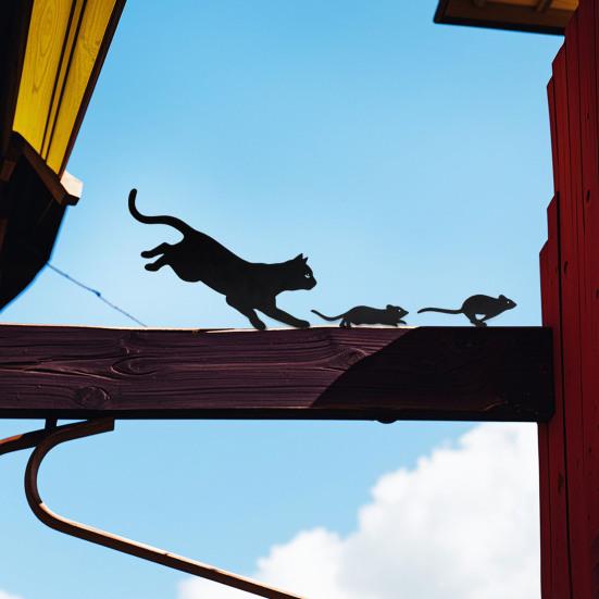 Kovová zahradní cedule s kočkou, snadná instalace, ozdoba s kočkou honící myš, černá kočka, silueta, dekorace na zahradě pro milovníky koček, zahradní plot