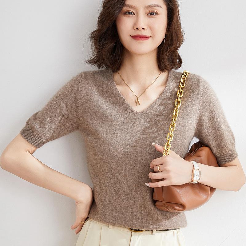 

Весенне-осенняя женская футболка, вязаная рубашка с v-образным вырезом, простой темпераментный тонкий топ, однотонный вязаный низ, тонкий S верблюд