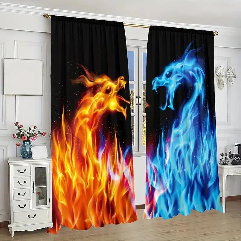 Blaue Eisflammen-Drachenmuster-Druckvorhänge Weihnachtsdekoration Wohnraum Aus Polyester gefertigt