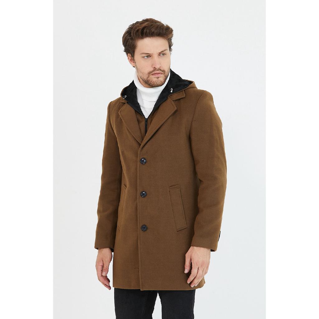 Schwarzer langer Herrenmantel aus Wollmischung und Kaschmir mit Kapuze, Reißverschluss und Knöpfen auf der Vorderseite