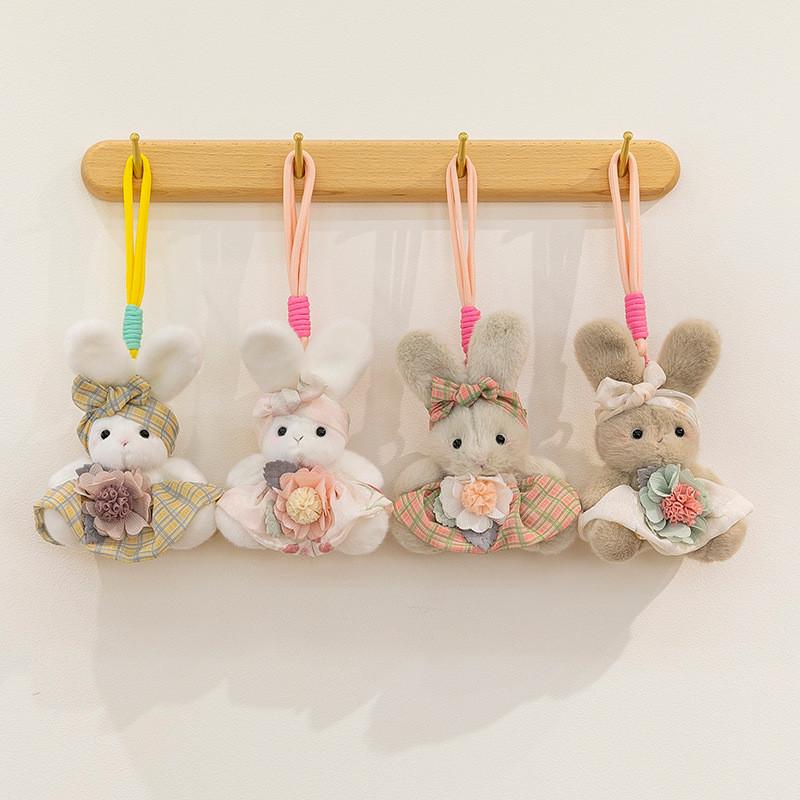 Cartoon Cute Plaid Skirt Rabbit Holding Flower Plush Toy Pendant Keychain