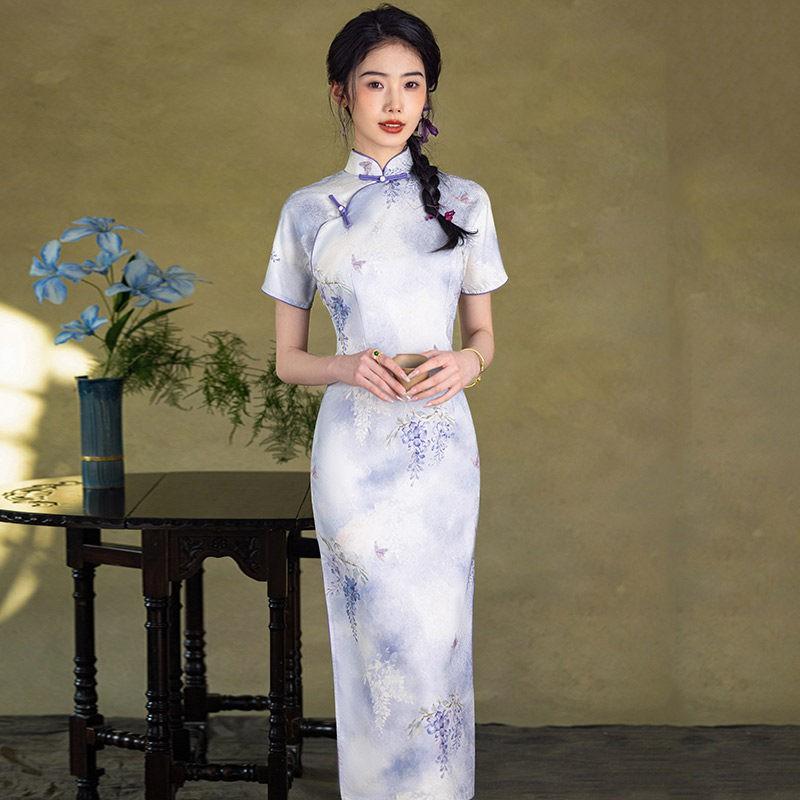 Purple Modern Chinese-Inspired Long Cheongsam Dress Women 2026 Stylish Retro Fit With Stand Collar Small