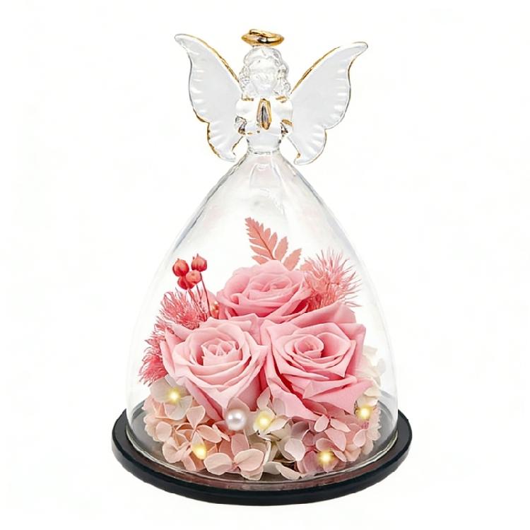 

Natural Beauty Preserved Rose in Clear Glass Dome Angel Design for Long Time Indoor Decors Display Ornament розовый
