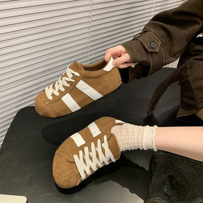 European matte soft leather big head lace-up bread shoes casual board shoes thin German training shoes flat shoes sports shoes women's shoes