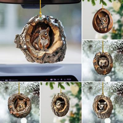 Ornement de Noël en forme d'animal 2D en acrylique, pendentif, décoration d'animaux de la forêt, design ovale rustique, décoration saisonnière pour arbre de Noël, cadeaux souvenirs de la faune