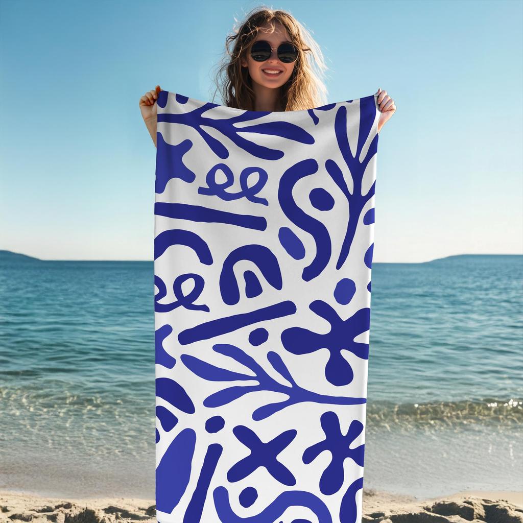 Mediterranean Blue & White Beach Towel, Elegant Design, Luxury Cotton-Poly Blend Large Pool Towel, Classy Gift for Beach Lovers
