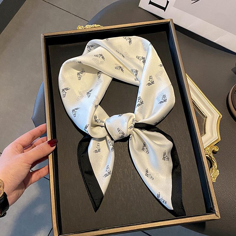 Luxury Design Silk Skinny Scarf Bag Handle Ribbon Ladies Little Cat Print Headband Small Hair Scarves Band Female Handkerchief