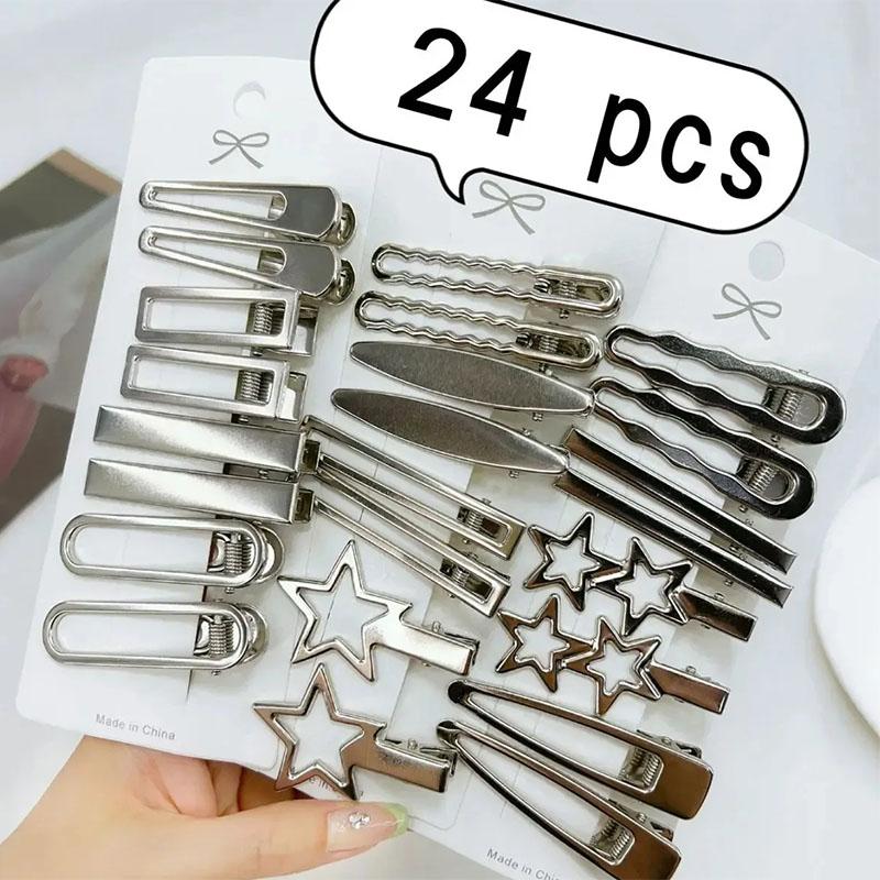 

24 шт./набор серебристых металлических заколок для волос для женщин, девочек, заколка для волос в виде звезды, несколько стилей, бесшовная заколка-утиный клюв, аксессуары для волос для девочек