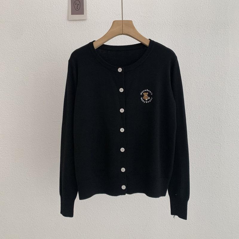 Spring Autumn Cardigan Women Soft Long Sleeved Knitted  Solid Casual Slim O Neck Tops Embroidered Teddy Bear Overcoat 30965