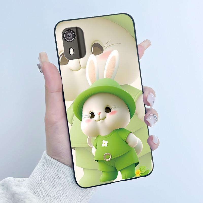 For Nokia C02 Phone Case Cute Funny Love Rabbit Animal Black Matte Soft TPU Protective Back Cover for Nokia C2 2nd Edition Case