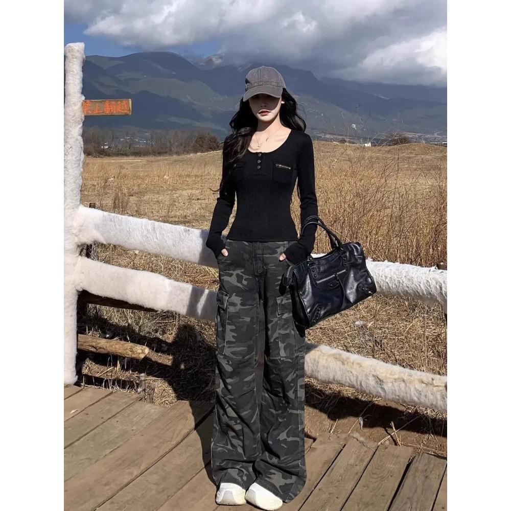 Damen High Waist Cargo-Hose Lockerer Schnitt Camouflage-Print Weiter Bein Jeanshose Amerikanischer Y2K Streetwear Gerade geschnittene Hose
