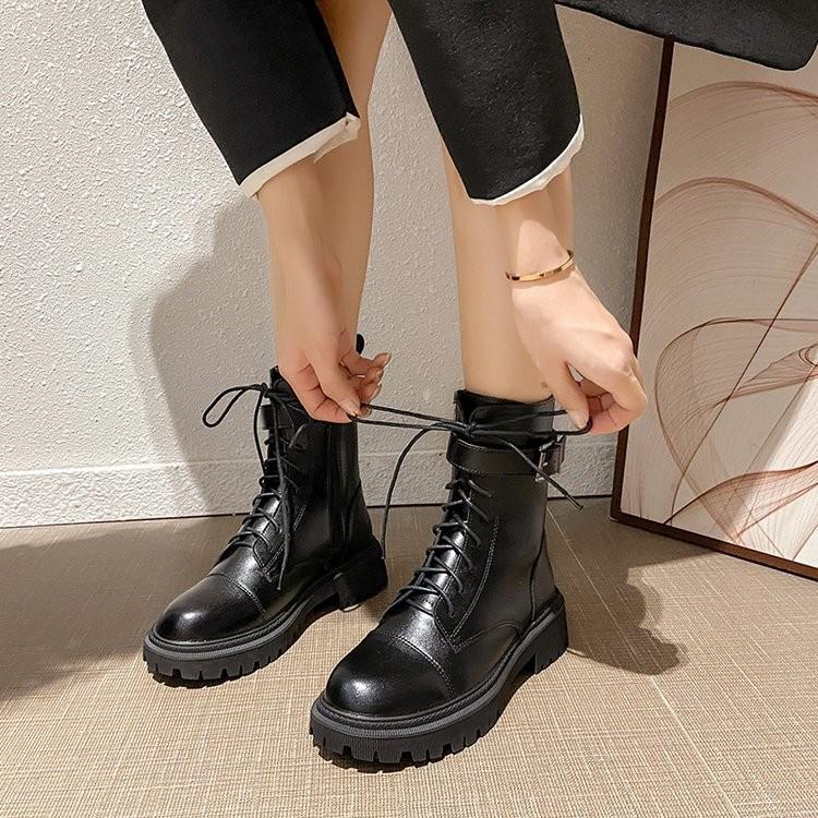 Women's Soft Leather Mid-Calf Martin Boots, Autumn-Winter 2025, White Fleece-Lined, Flat Thick Sole, Motorcycle Rider Style.