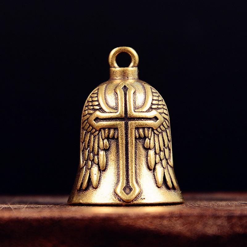 Brass Vintage Cross Bell Keychain Handmade Wind Chime Pendant Ethnic Style Key Ring Decor