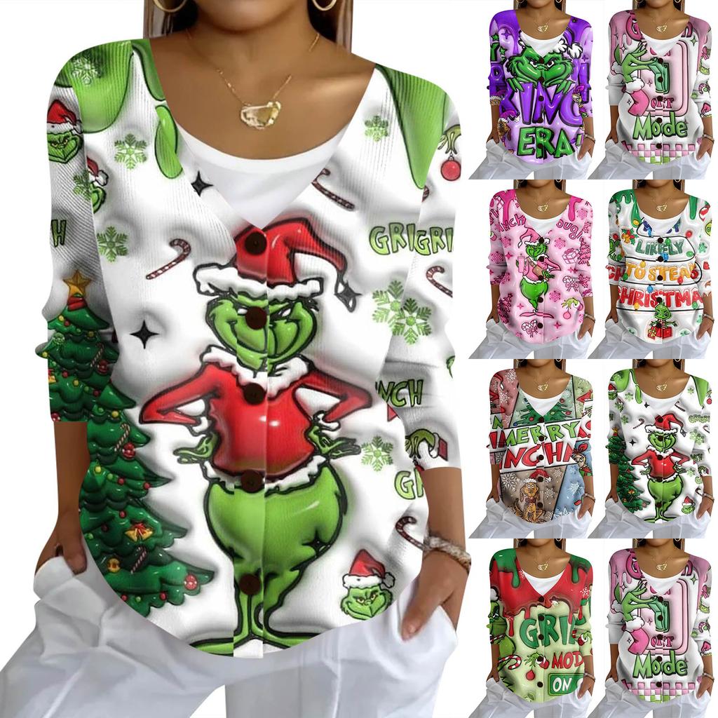 Women's Fashion Casual Knit Sweater Button-Up Christmas Print Cardigan Jacket