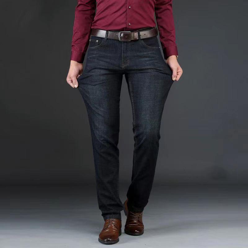 High waist deep crotch straight jeans casual wear-resistant denim business pants elastic versatile denim blue