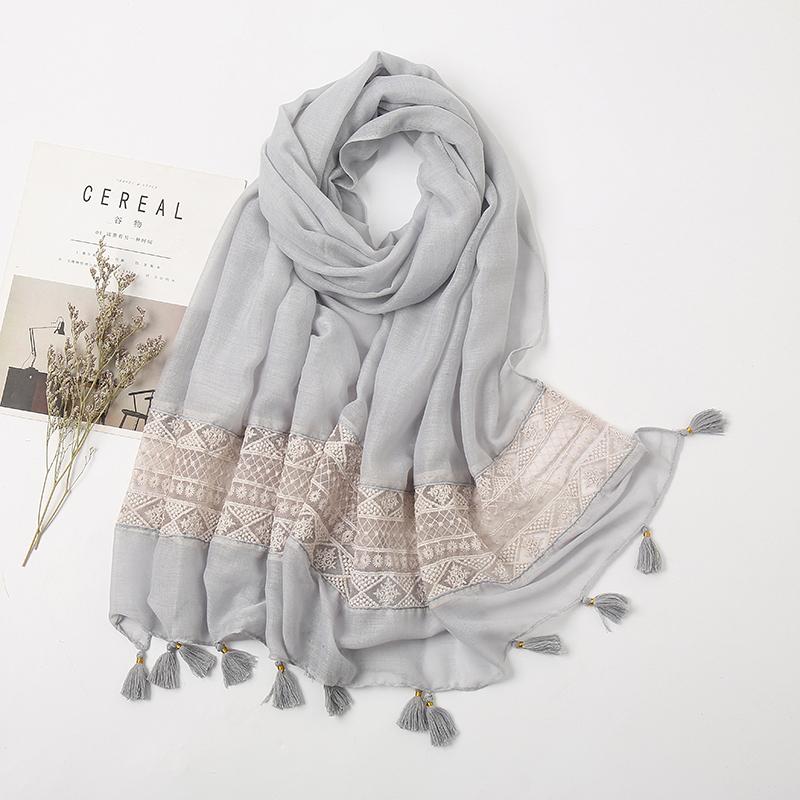 Elegant Lace Cotton Scarf With Tassel Shawl For Women Fashion Geometry Design Muslim Hijab Big Size Scarves 210*70Cm