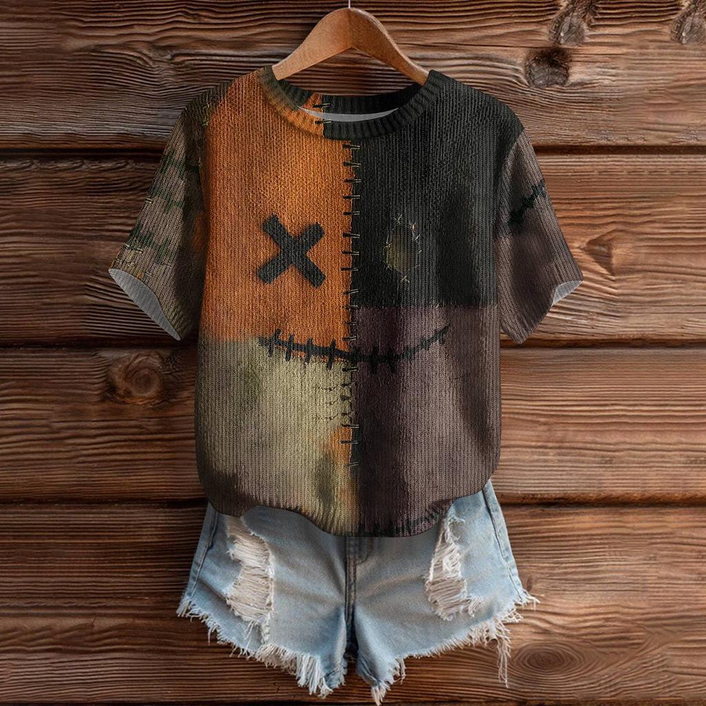 Women's Cute Sweater Knitted Fashion Casual Round-neck Short-sleeved  Cozy Print Top