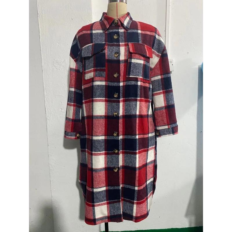 Women's Autumn Winter Plus-size Long Split Woolen Plaid Trench Coat