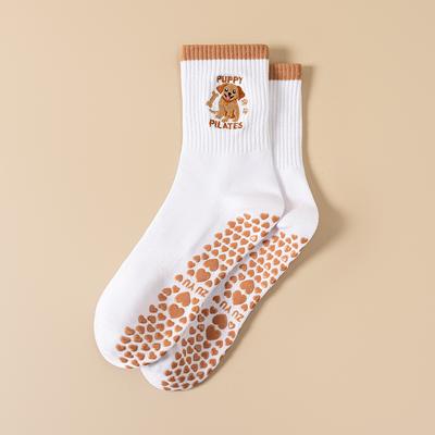 Anti-slip Sports Socks, Women's Mid-calf Socks, Yoga and Pilates Special Embroidered Cartoon Puppy Anti-slip Floor Grip Socks