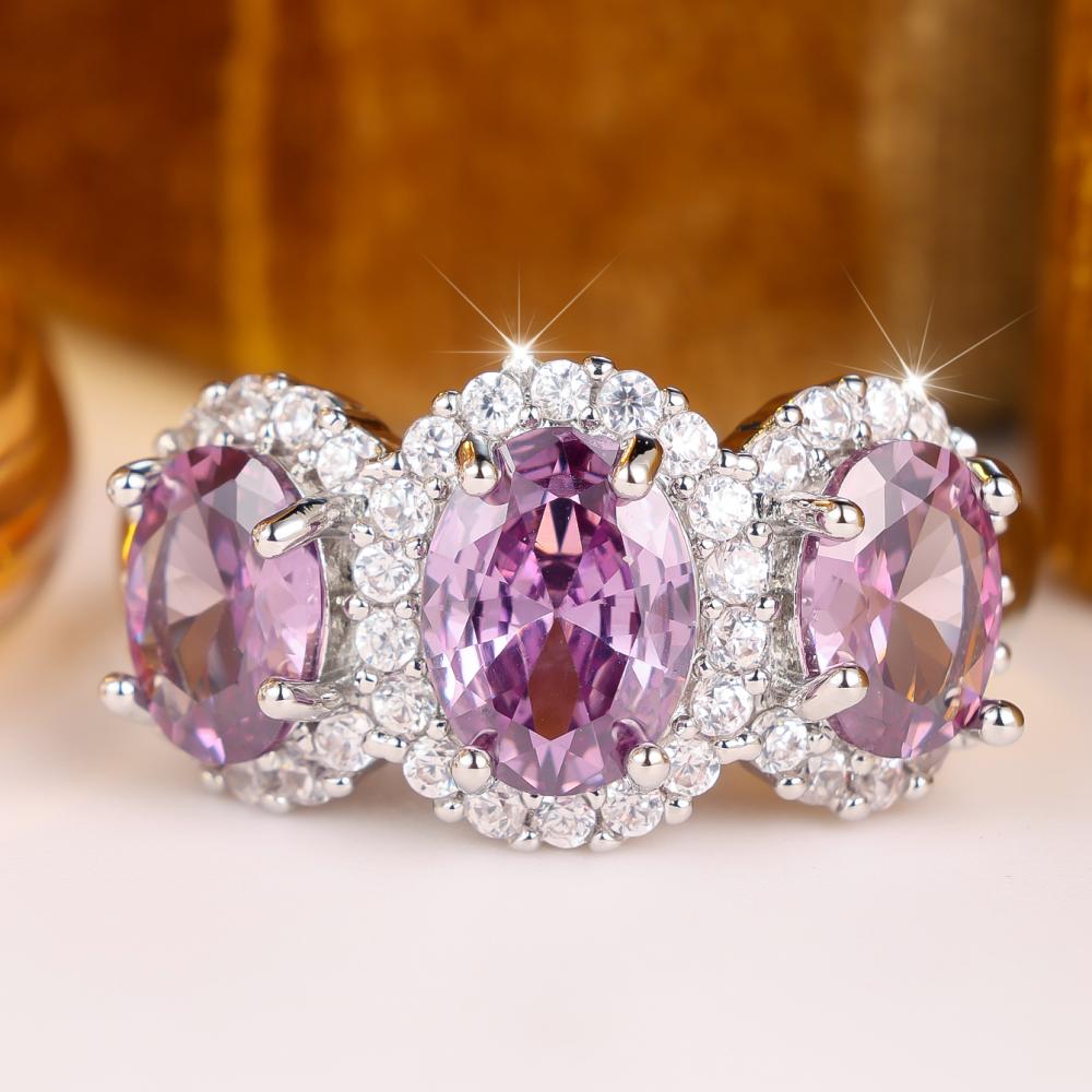 Elegant Silver Color Ring for Women Triple Purple Zircon Halo Fashion Jewelry Gift