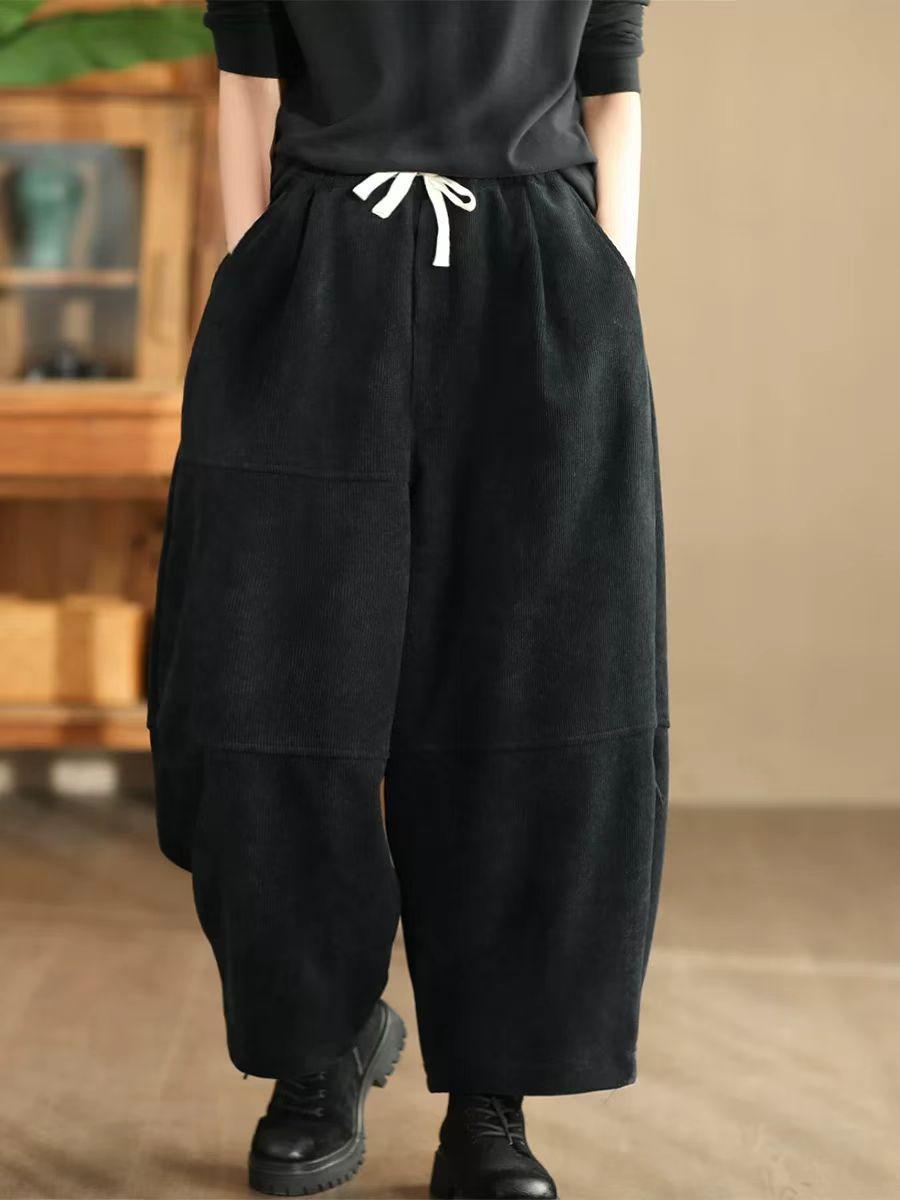 

Johnature Женские зимние винтажные однотонные хлопковые шаровары с эластичной талией в китайском стиле повседневные брюки One Size чёрный