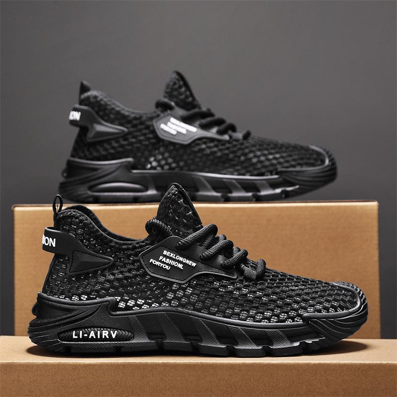 Summer large mesh hollow fly-woven casual men's shoes, black, beige, gray
