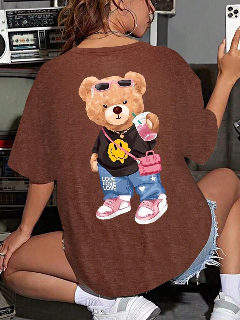 

Cotton Women TShirts Cute Cartoons Bear Printing Tops Breathable Summer Loose Short Sleeve Casual Fashion Crewneck Clothing 4XL