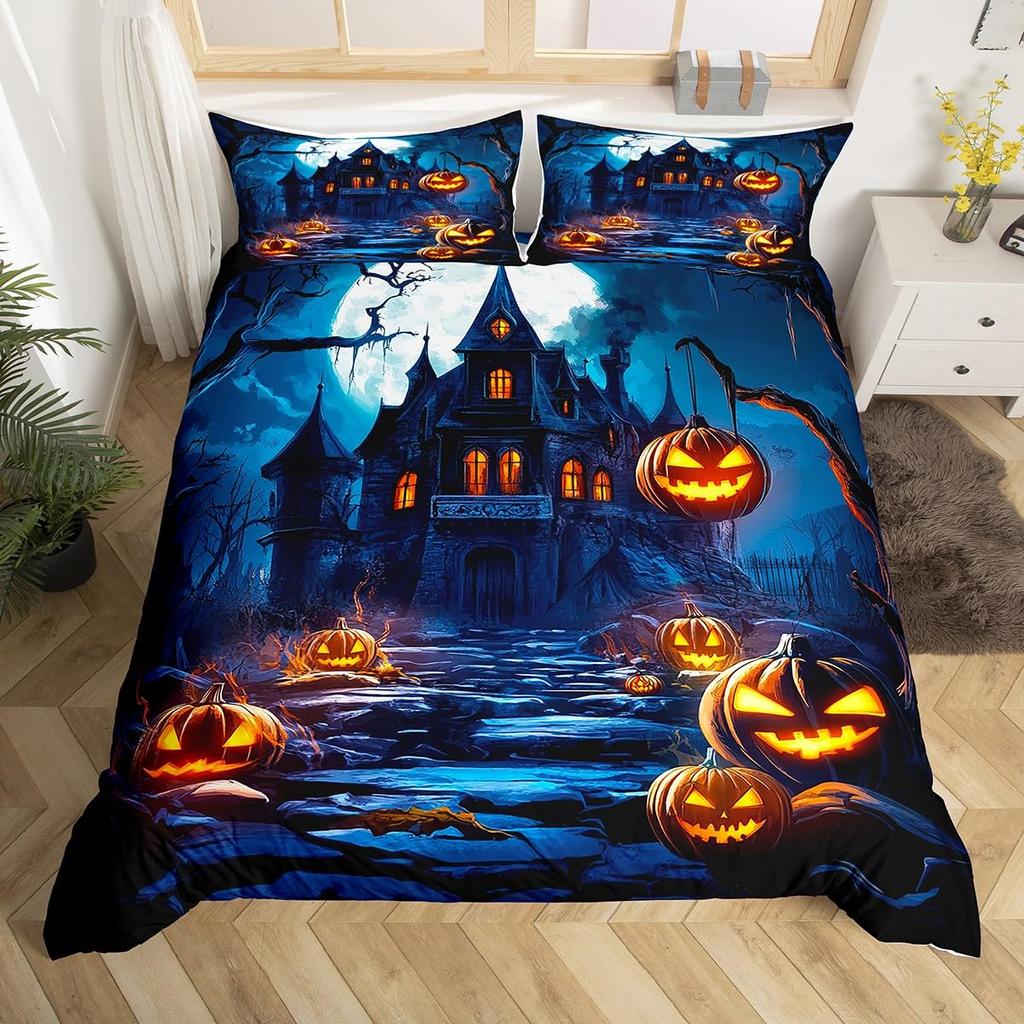 Halloween Bedding Set Full, Pumpkin Lantern Duvet Cover Castle Bat Pattern Comforter Cover, Cartoon Horror Festival Quilt Cover