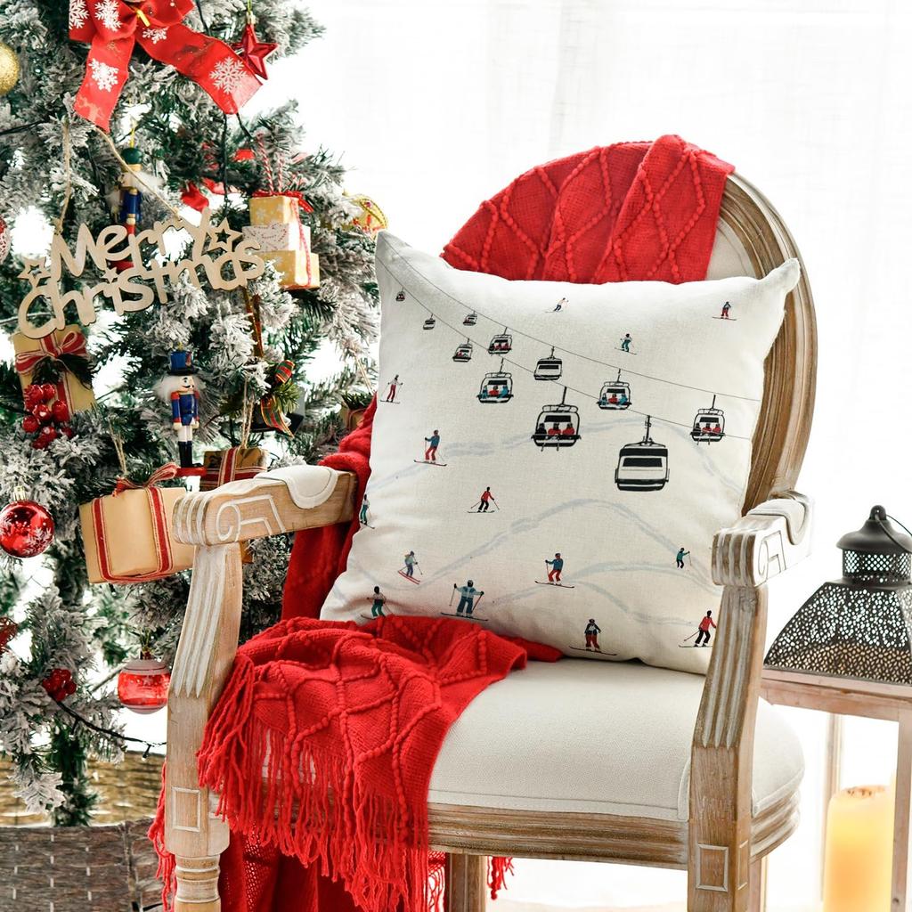 AVOIN colorlife Winter Skiers Cable Cars Snow Throw Pillow Cover, 18 x 18 Inch Seasonal Holiday Cushion Case Decoration for Sofa Couch