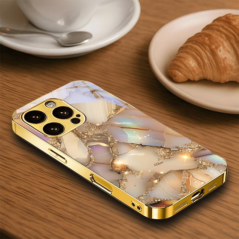 Pastel Broken Gemstone Electroplated Golden Phone Case For iPhone 17 16 15 14 13 12 11 Pro Max Plus 16E 17Air 7 8 X Glass Cover