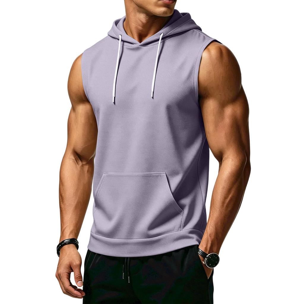 Men's Sleeveless Hoodie Casual Sportswear Muscle Fit Wide Shoulder Drawstring Hooded Pocket Tank Top