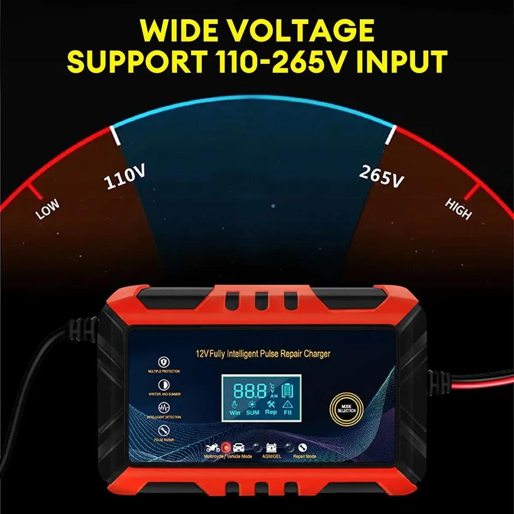 12V Car Motorcycle Battery Charger Intelligent Pulse Repair with LCD Display Auto Battery Maintenance Charging Tool
