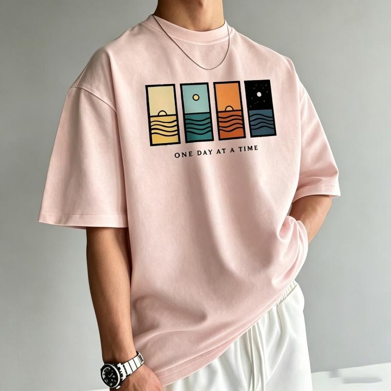 Unisexs TShirt Unisexs Round Neck Short Sleeved TShirt One Day At A Time Abstract Ocean Sunset Art Printed TShirt Casual Street