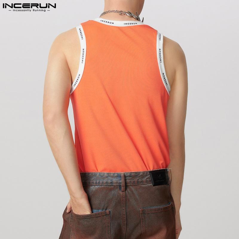 INCERUN Men Round Neck Sleeveless Print Patchwork Rib Sport Summer Tank Tops