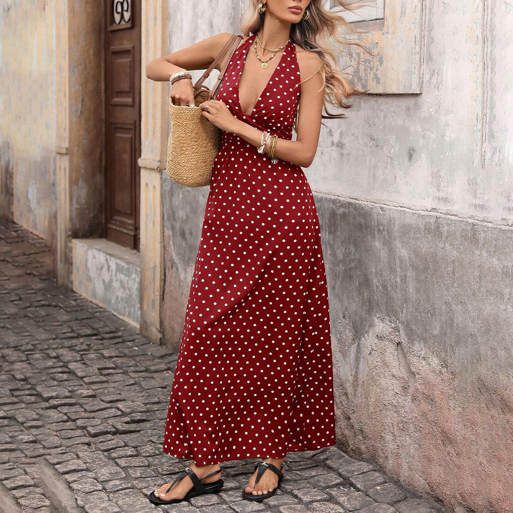 Abito Maxi da Donna a Pois con Scollo a V Senza Maniche Vestiti Estivi da Donna Abiti da Vacanza per Donne Vestiti Estivi per Donne