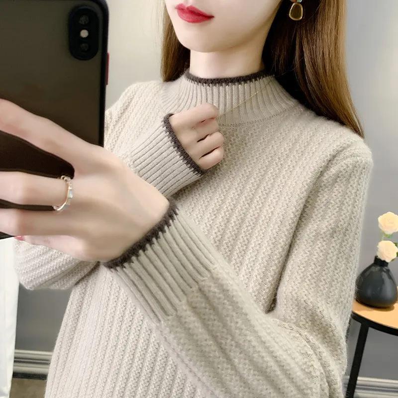 WTEMPO Thick Warm Long Sleeve Knitted Pullovers Half High Striped Sewaters Women's Autumn Winter Loose Bottoming Sweaters
