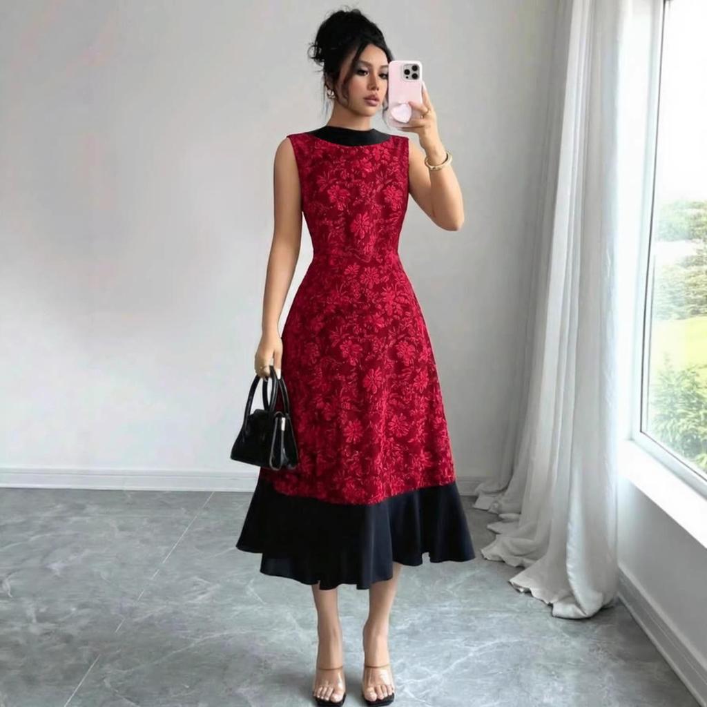 Elegant French-Inspired Red Long Dress