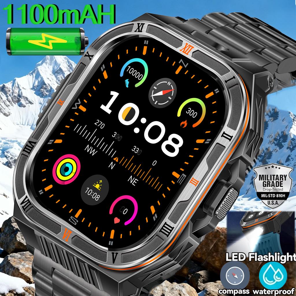 SACOSDING Smartwatch Men 1100mAh Battery Outdoor Smart Watches LED Flashlight BT Call Health Monitor Waterproof 100+ Sports Modes Compass