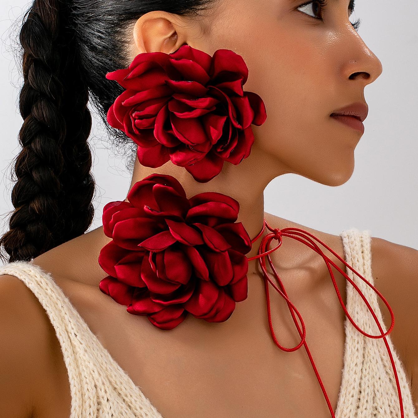 

Women s Jewelry Set, Exaggerated Red Fabric Flower Necklace and Earrings Set, Suitable for Vacation and Banquet Wear темно-красного