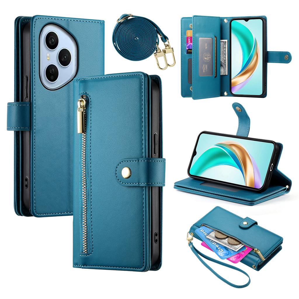 For Honor 400 Pro 5G (Global) Case Zipper Pocket Wallet Leather Phone Cover with Straps