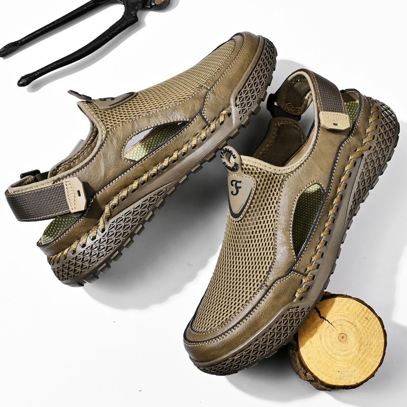 New Arrival Men Summer Shoes Hollowed-out Mesh Flats Breathable Non-slip Outdoor Sandals Anti-collision Toe Leisure Beach Shoes