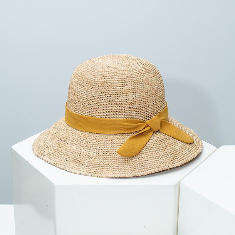 Garden Supplies My Women's Brown Bowknot Raffia Wide Brim Sun Hat, Foldable Straw Beach Hat, Large Brim Uv Protection For Vacation Seaside Cap Breathable 54-58Cm