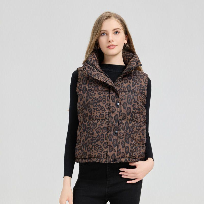 Mode Leopardenmuster Kurze Weste Stehkragen Warm Ärmellose Jacke Damen Oberbekleidung Herbst Winter