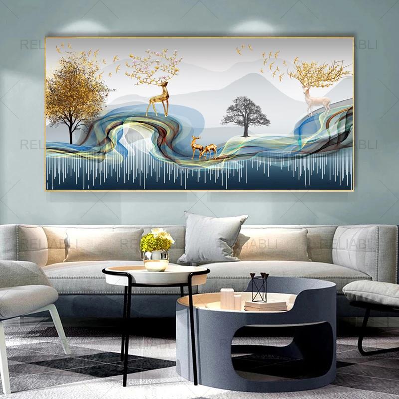 Modern Abstract Decorative Painting Deer Tree Ribbon Canvas Prints Wall Art Pictures for Living Room Light Luxury  Home Decor